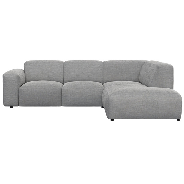 Graues, modulares Sofa LUCERA mit offener Ecke steht dekorativ. Es bietet bequeme Sitzmöglichkeiten und passt sich dem Raumdesign an. Ideal für eine stilvolle Inneneinrichtung.