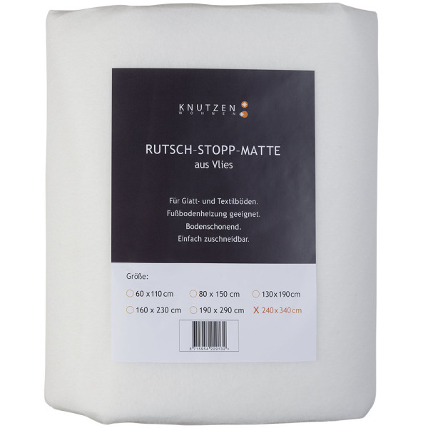 Rutsch-Stopp-Matte aus Vlies mit Produktinformation. Diese Matte ist für Glatt- und Textilböden geeignet. Sie ist bodenschonend und einfach zuschneidbar. Größen sind angegeben.