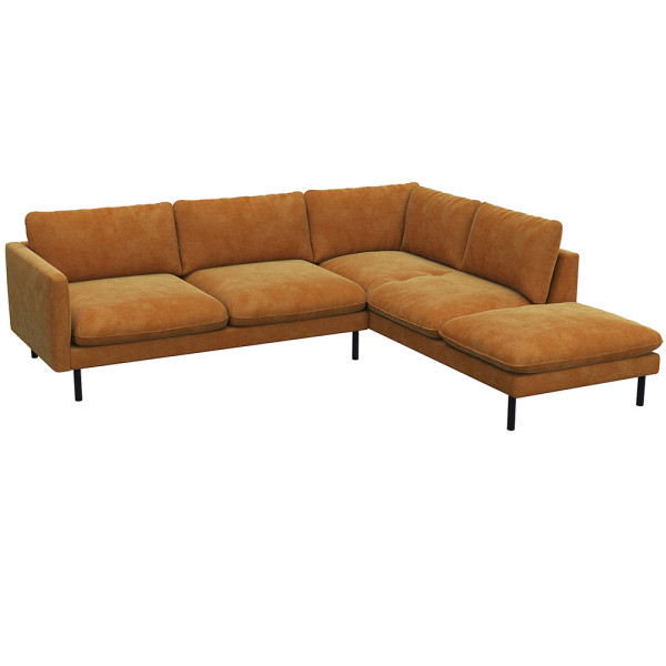 Grau, modernes Ecksofa BOLZANO mit offenem Ende steht auf schwarzen Metallbeinen. Es besitzt große, weiche Kissen und bietet Platz für mehrere Personen. Ideal für ein gemütliches Wohnzimmer.