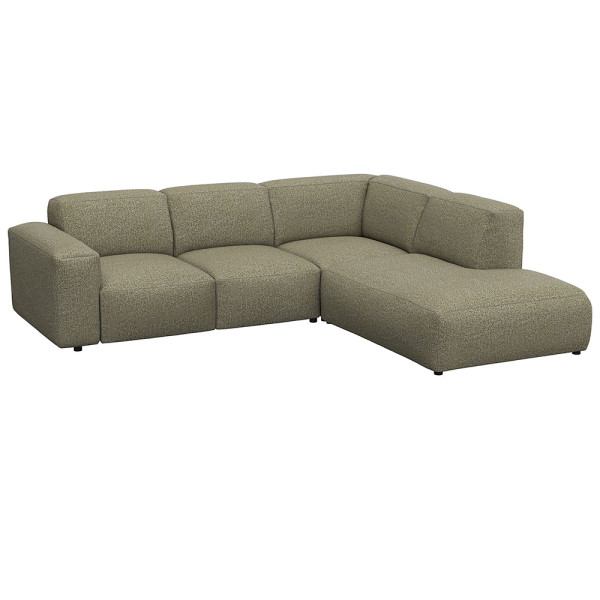 Graues, modulares Sofa LUCERA mit offener Ecke steht dekorativ. Es bietet bequeme Sitzmöglichkeiten und passt sich dem Raumdesign an. Ideal für eine stilvolle Inneneinrichtung.