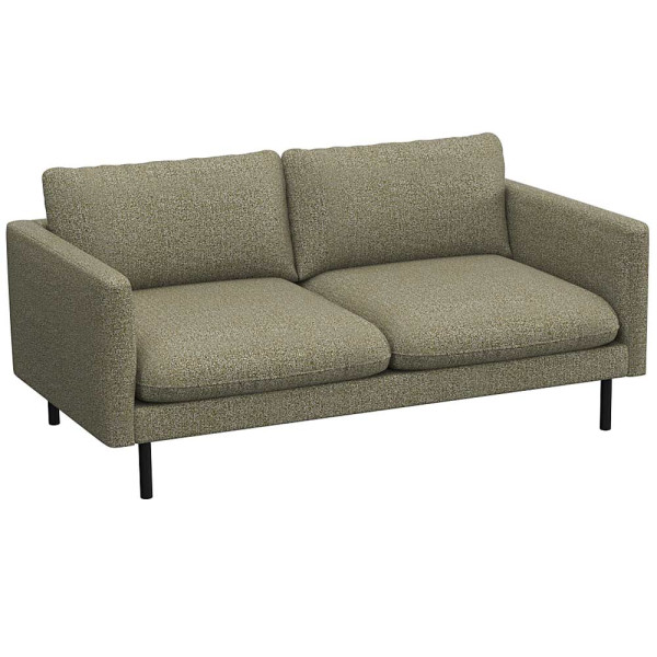 Graues Sofa mit zwei breiten Kissen und schmalen Armlehnen steht auf schlanken, schwarzen Beinen. Das Design ist modern und schlicht, geeignet für verschiedene Wohnstile.