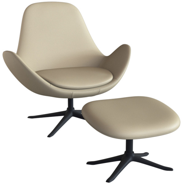 Beige Sessel Ghost mit modernem Design steht auf einem schwarzen Metallfuß. Die runde Sitzfläche bietet Komfort und die geschwungene Rückenlehne lädt zum Entspannen ein.