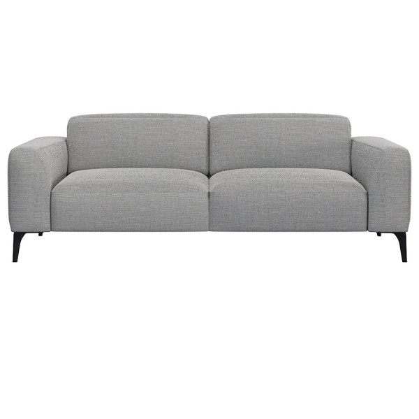 Schwarzes Sofa VOLUZZI mit modernen Designs, zwei Sitzflächen und geraden Armlehnen steht auf schmalen Füßen. Es ist für individuelle Gestaltung und hochwertige Materialien konzipiert.